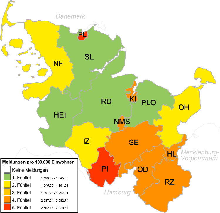 Eine Karte von Schleswig-Holstein mit den Kreisen unterteilt in fünf Kategorien auf Basis der Meldungen pro 100.000 Einwohnern:
Kategorie 1 Bereich 38,39 - 70,24 Flensburg Nordfriesland Dithmarschen Ostholstein, 
Kategorie 2 Bereich 70,24 - 102,10 Schleswig-Flensburg Rendsburg-Eckernförde Neumünster Plön Lübeck, 
Kategorie 3 Bereich 102,10 - 133,95 Segeberg Kiel, 
Kategorie 4 Bereich 133,95 - 165,80 Herzogtum Lauenburg Steinburg, 
Kategorie 5 Bereich 165,80 - 197,66 Pinneberg Stormarn