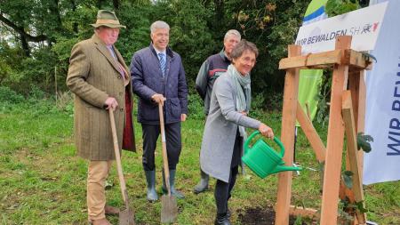 Finanzministerin Monika Heinold gießt den frisch gepflanzten Bergahorn